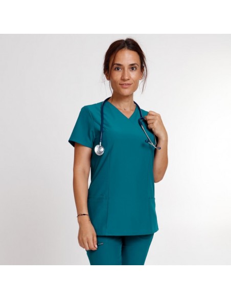 Tunică medicală de damă, verde-albăstrui, cu mânecă scurtă, flexibilă, Nobby Teal