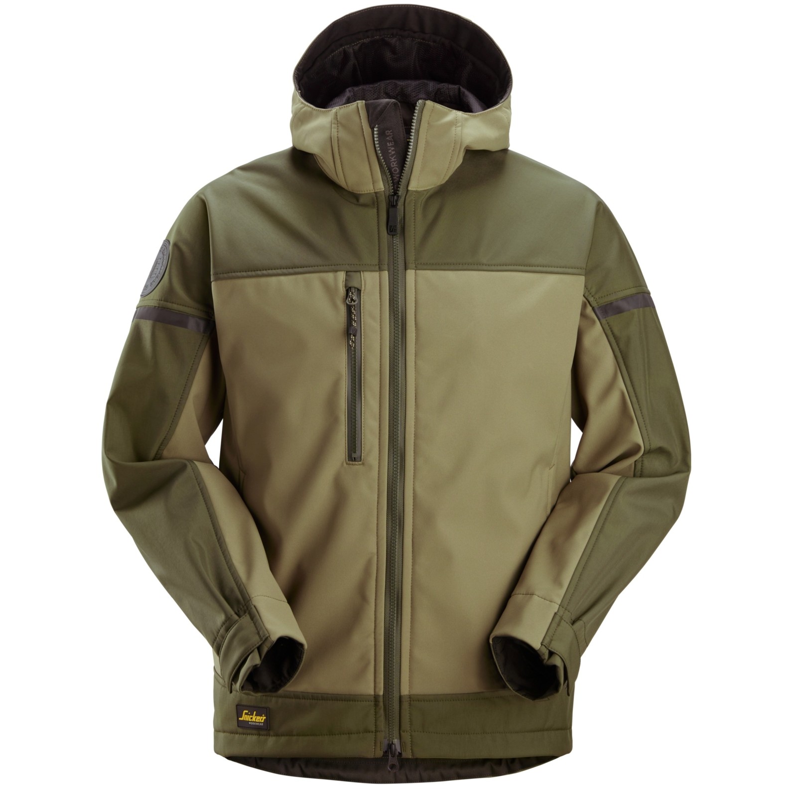 Jachetă softshell stretch, cu glugă, pentru bărbați, Snickers Workwear, AllroundWork, 1226, Khaki Green/Dark Khaki Green