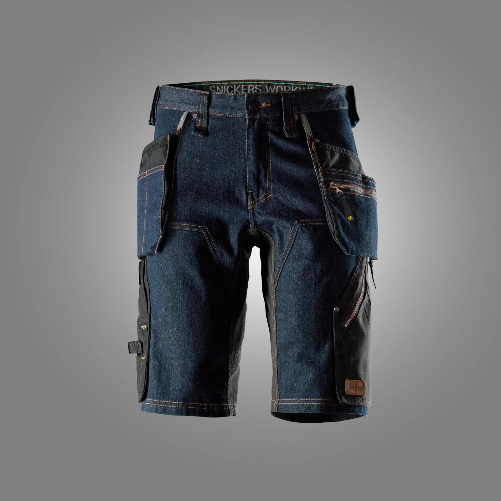 Pantaloni scurți de lucru, din denim, cu buzunare holster, Snickers Workwear, FlexiWork, 6155, Denim/Black
