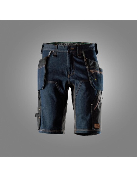 Pantaloni scurți de lucru, din denim, cu buzunare holster, Snickers Workwear, FlexiWork, 6155, Denim/Black