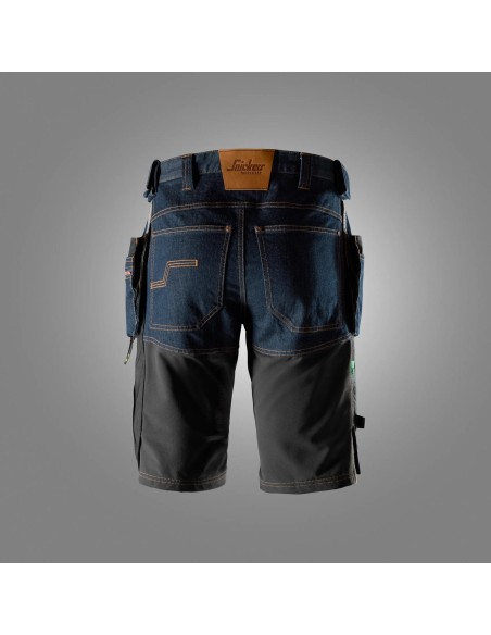 Pantaloni scurți de lucru, din denim, cu buzunare holster, Snickers Workwear, FlexiWork, 6155, Denim/Black