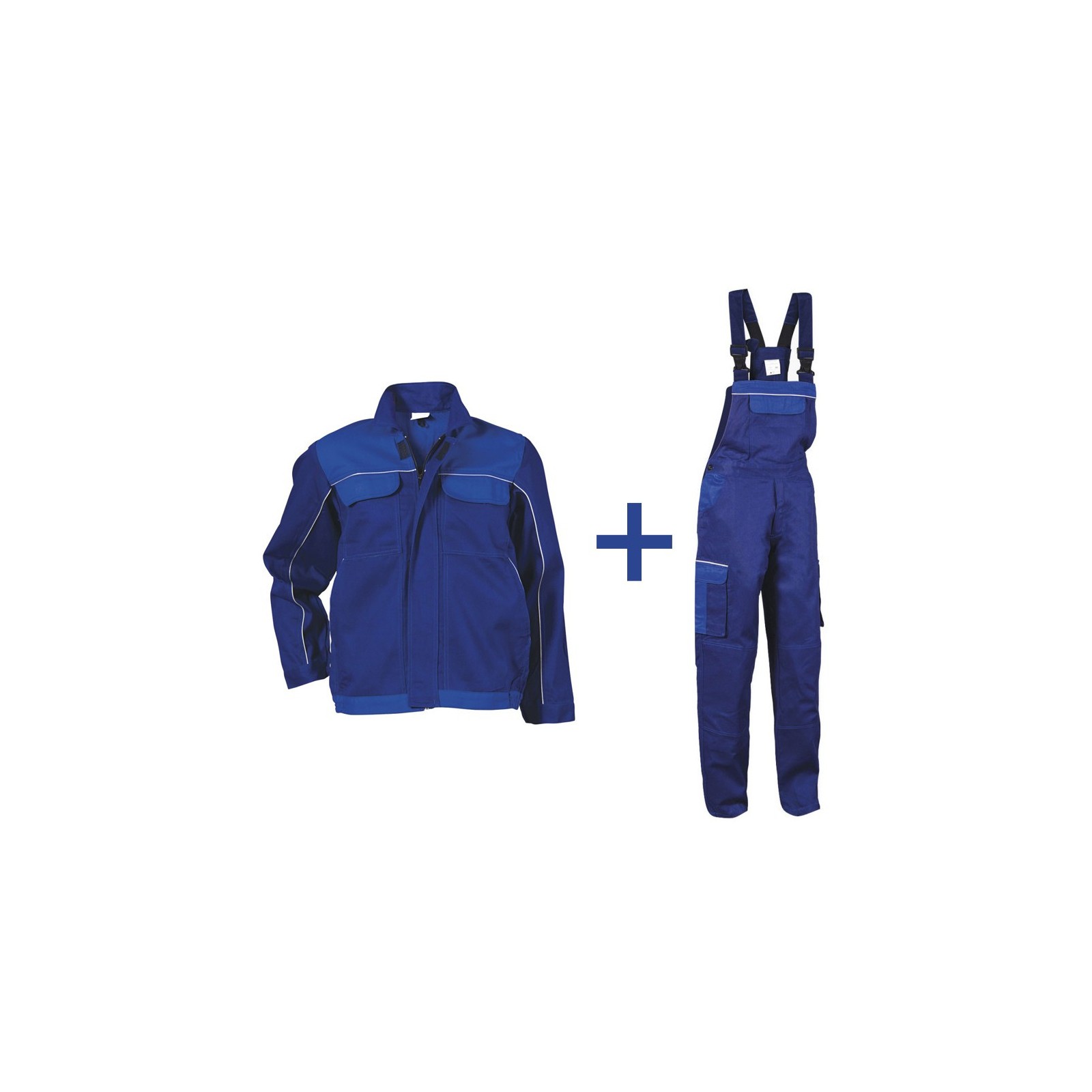 Costum de lucru din bumbac, jachetă + pantaloni cu pieptar, 240 g/mp, Asimo Blue