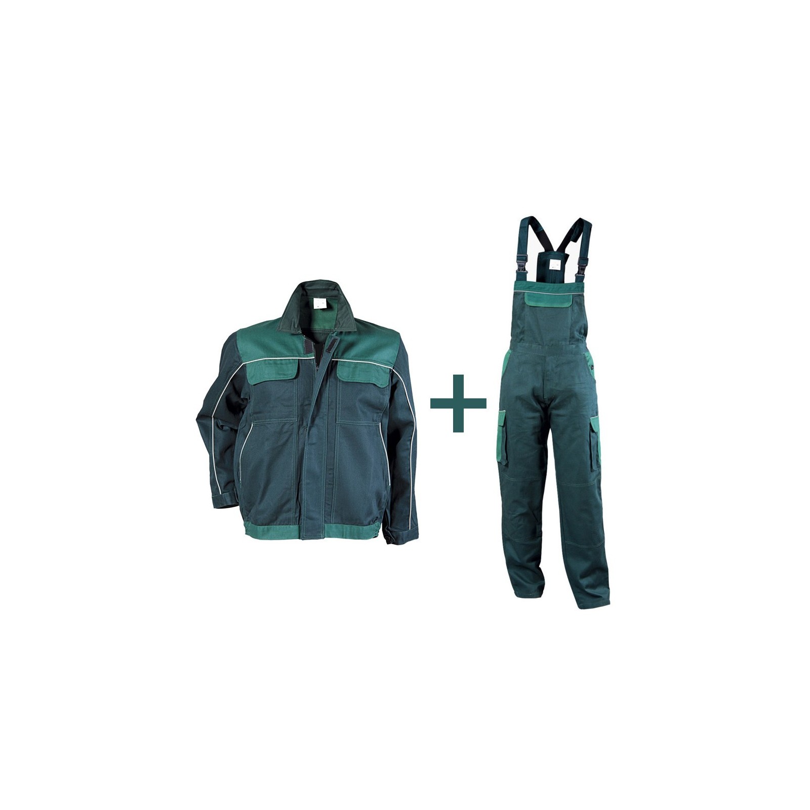 Costum de lucru din bumbac, jachetă + pantaloni cu pieptar, 240 g/mp, Asimo Green