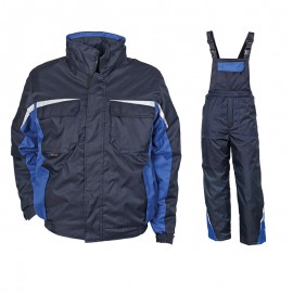 Costum de lucru pentru iarnă, din două piese: jachetă + pantaloni cu pieptar Kastor blue, bumbac 100%, 240 g/mp
