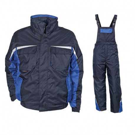 Costum de lucru pentru iarnă, din două piese: jachetă + pantaloni cu pieptar Kastor blue, bumbac 100%, 240 g/mp