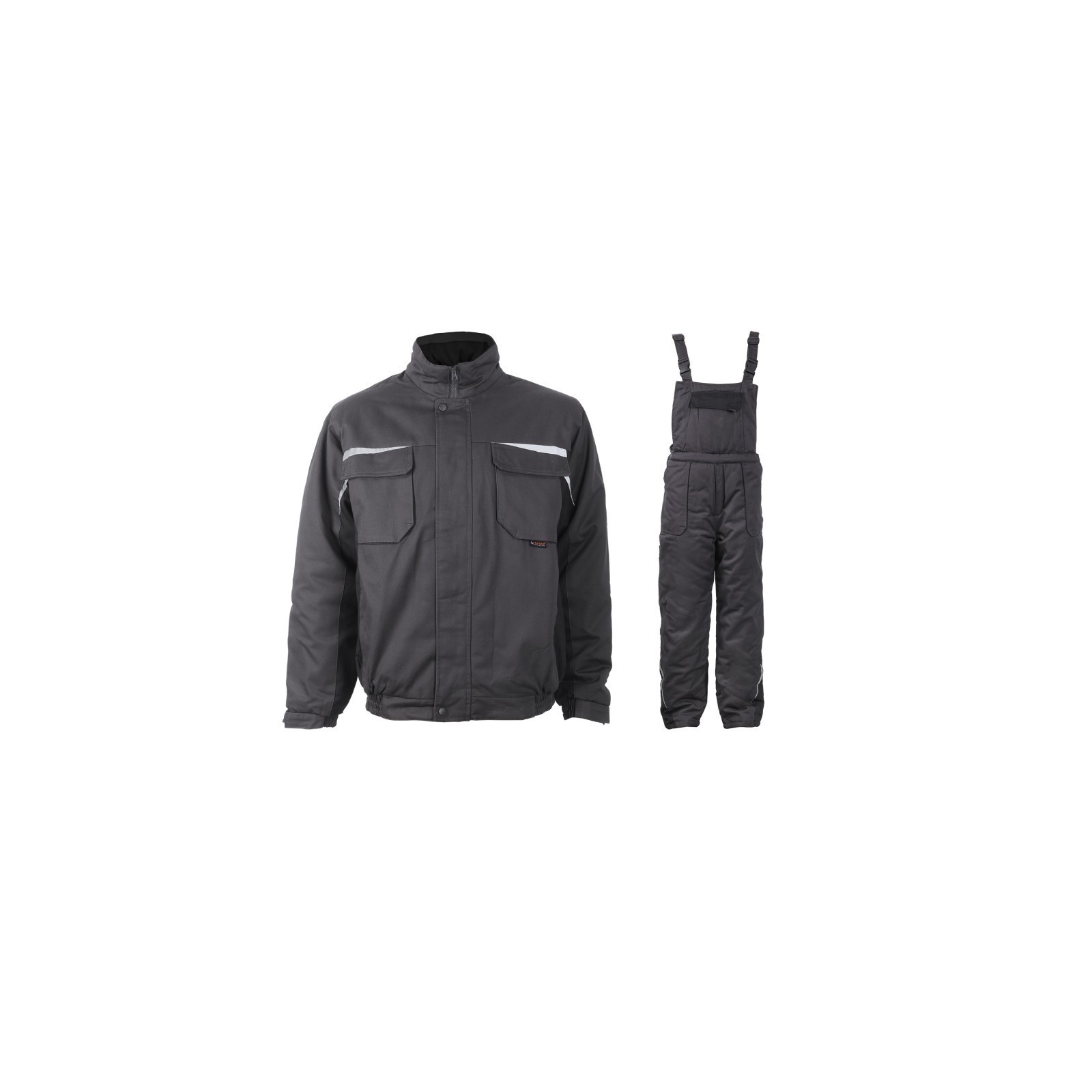 Costum termoizolant de lucru pentru iarnă, din două piese: jachetă + pantaloni cu pieptar Kastor grey, hidrofob, bumbac 100%