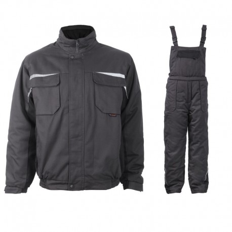 Costum termoizolant de lucru pentru iarnă, din două piese: jachetă + pantaloni cu pieptar Kastor grey, hidrofob, bumbac 100%