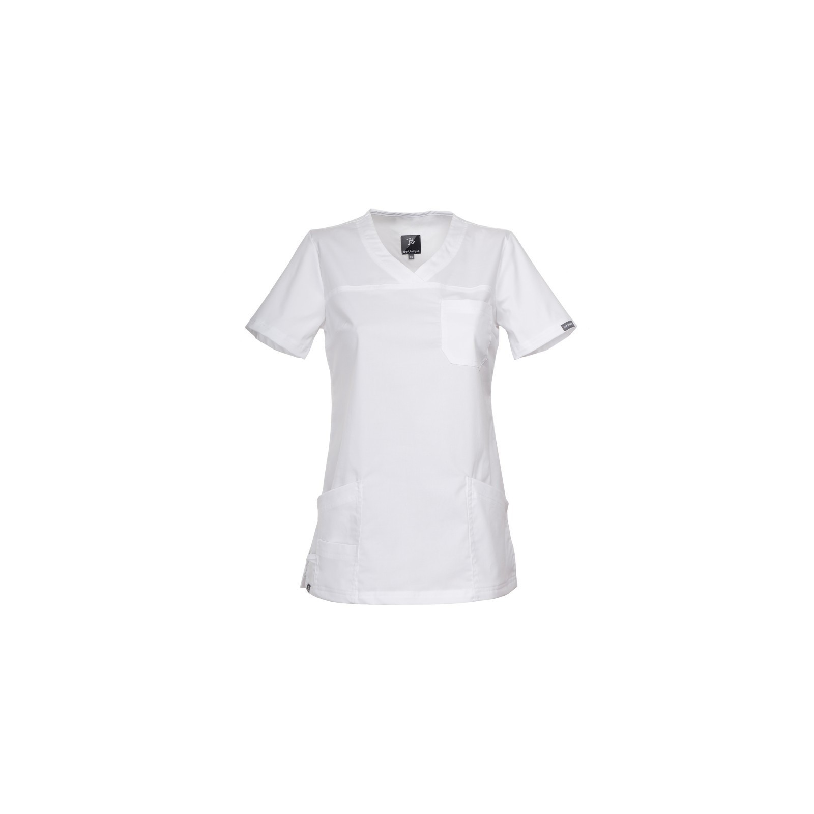 Tunică medicală de damă, albă, mânecă scurtă, bumbac+poliester+spandex, Victoria White