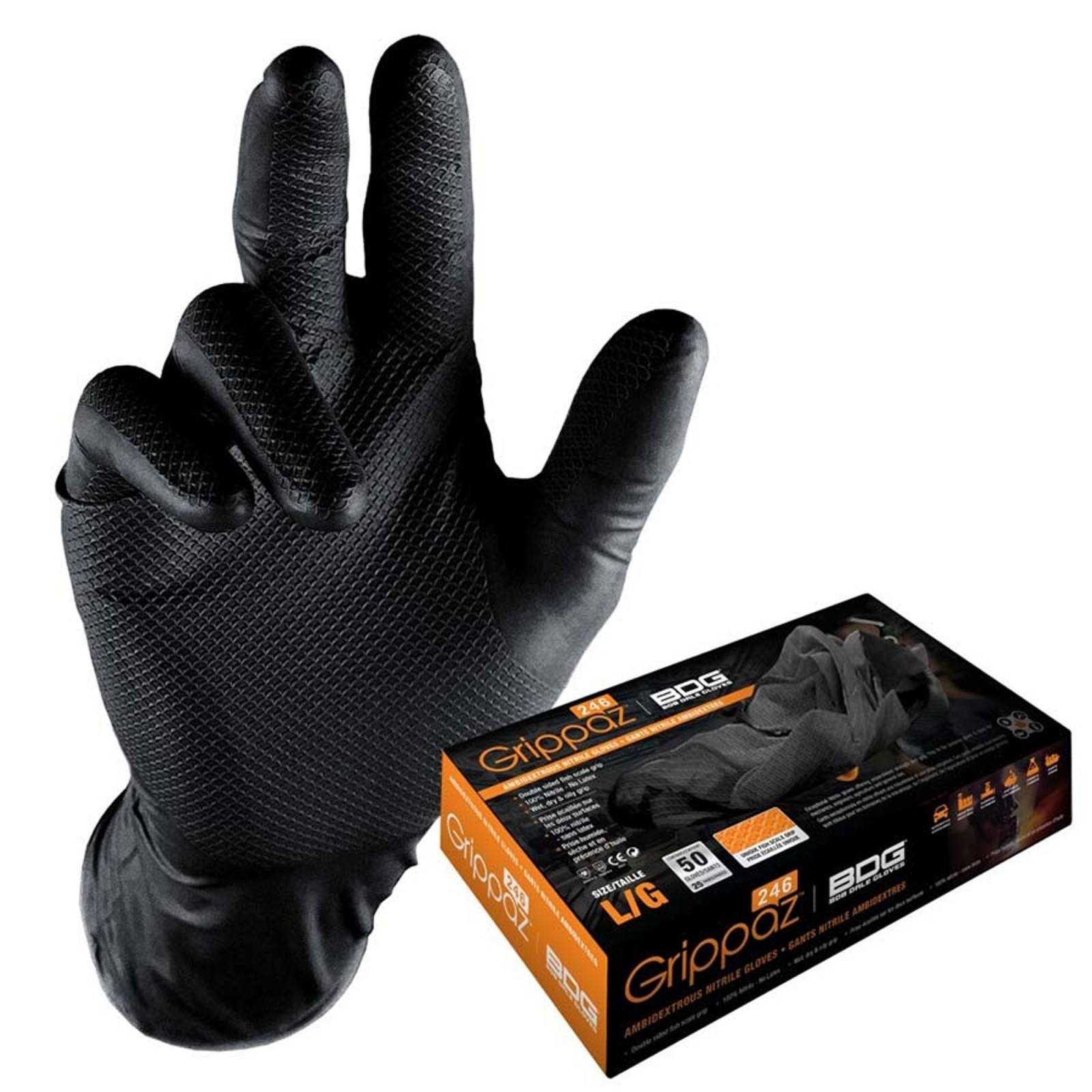 Manuși din nitril, nepudrate, texturate, groase, rezistente, set 50 buc, Grippaz, negru