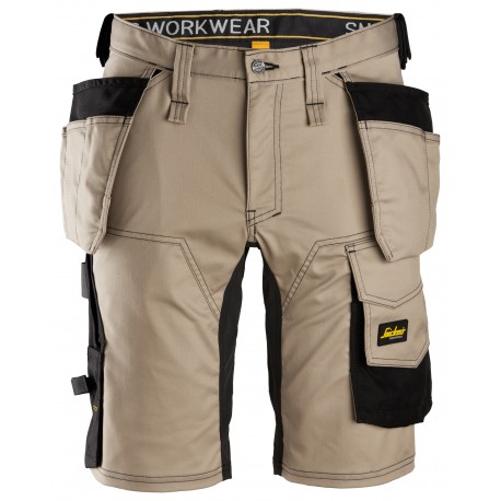 Pantaloni scurți de lucru, stretch, cu buzunare holster, Snickers Workwear, AllroundWork, 6141, Khaki/Black