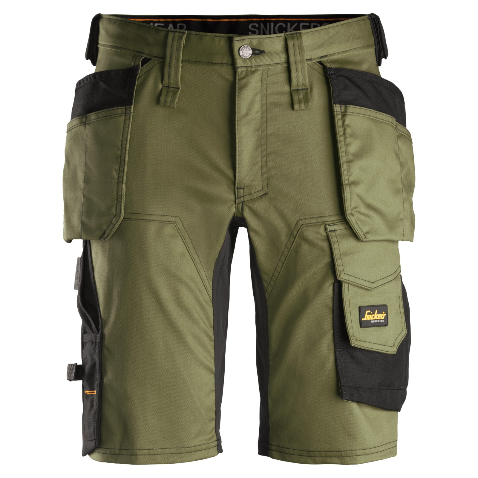 Pantaloni scurți de lucru, stretch, cu buzunare holster, Snickers Workwear, AllroundWork, 6141, Khaki Green/Black