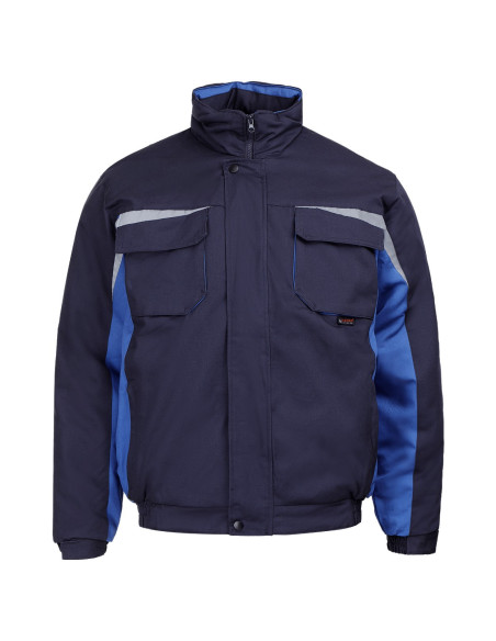 Costum de lucru pentru iarnă, din două piese: jachetă + pantaloni cu pieptar Kastor blue, bumbac 100%, 240 g/mp