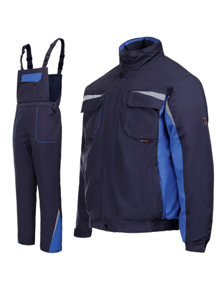 Costum de lucru pentru iarnă, din două piese: jachetă + pantaloni cu pieptar Kastor blue, bumbac 100%, 240 g/mp