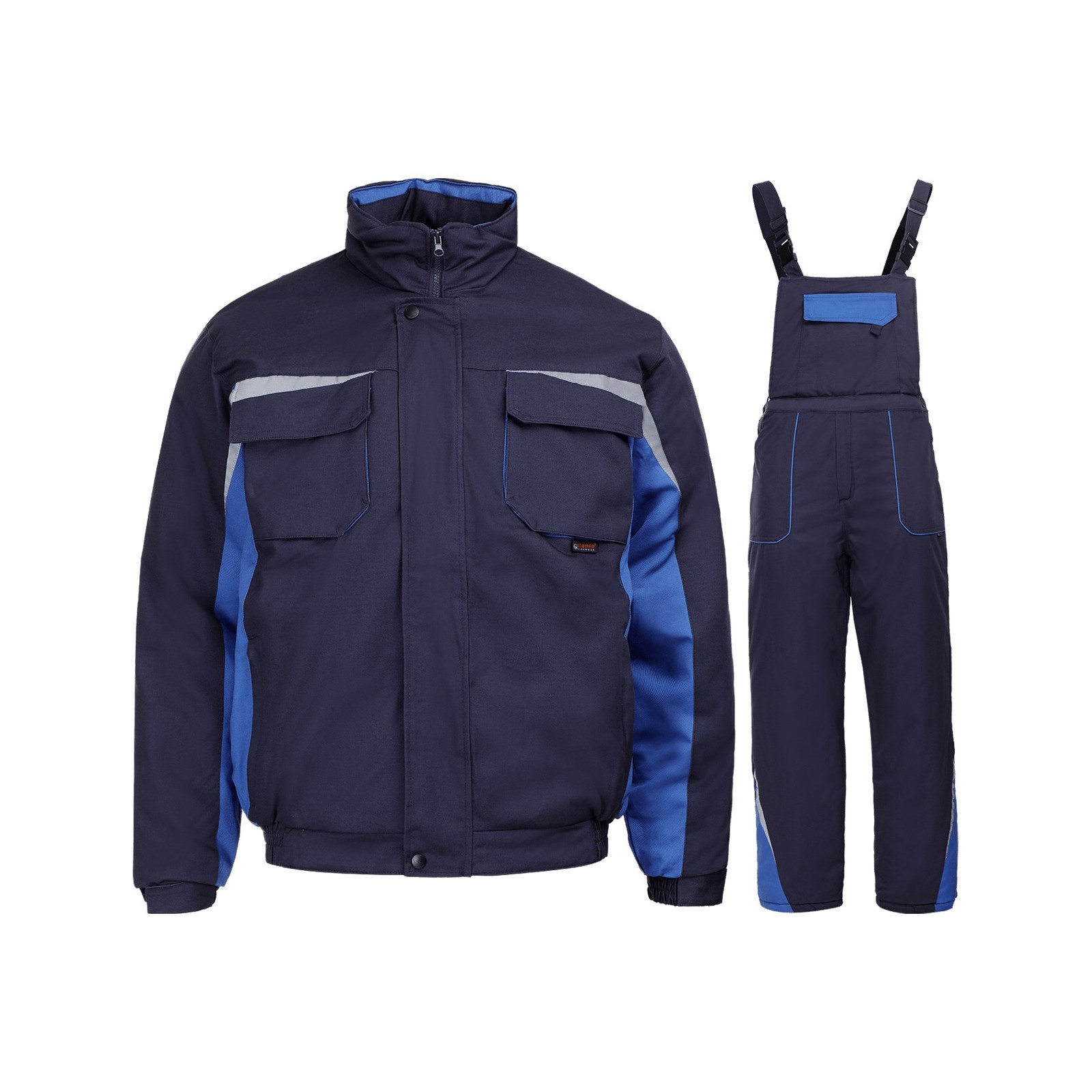 Costum de lucru pentru iarnă, din două piese: jachetă + pantaloni cu pieptar Kastor blue, bumbac 100%, 240 g/mp
