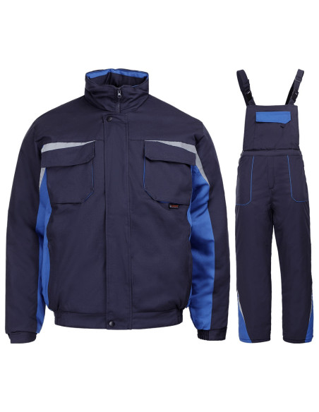 Costum de lucru pentru iarnă, din două piese: jachetă + pantaloni cu pieptar Kastor blue, bumbac 100%, 240 g/mp
