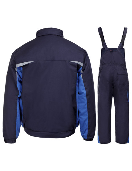 Costum de lucru pentru iarnă, din două piese: jachetă + pantaloni cu pieptar Kastor blue, bumbac 100%, 240 g/mp