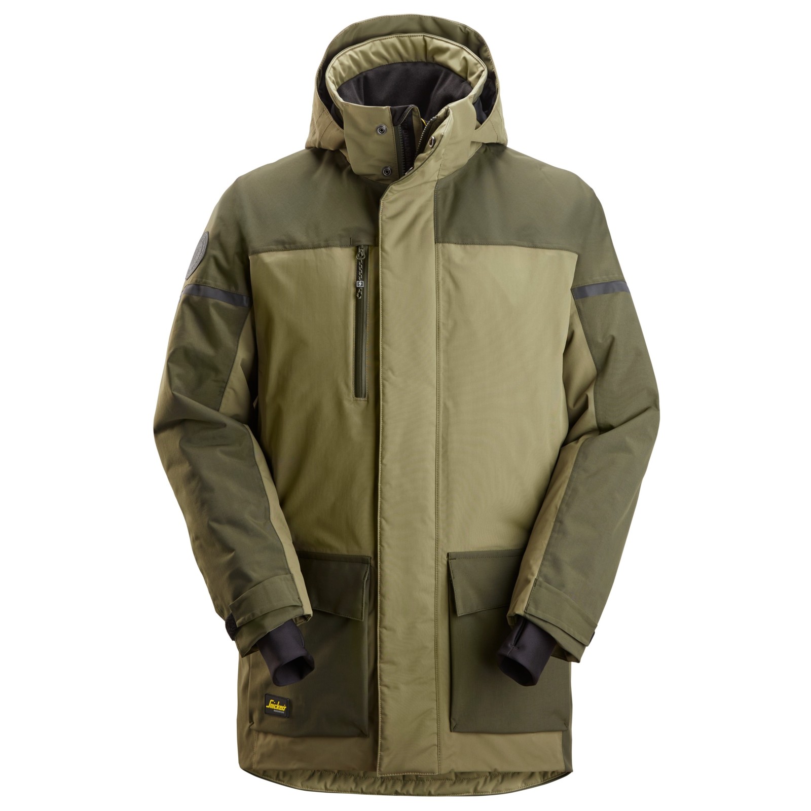 Geacă parka impermeabilă, căptușită, cu glugă, de iarnă, Snickers Workwear, AllroundWork, 1801, Khaki Green/Dark Khaki Green