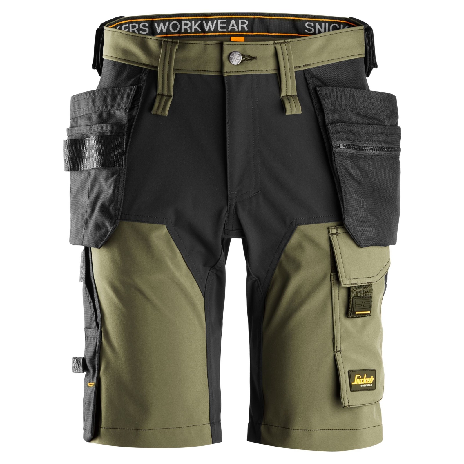 Pantaloni scurți de lucru, 4-way stretch, cu buzunare holster, Snickers Workwear, AllroundWork, 6175, Green khaki/Black